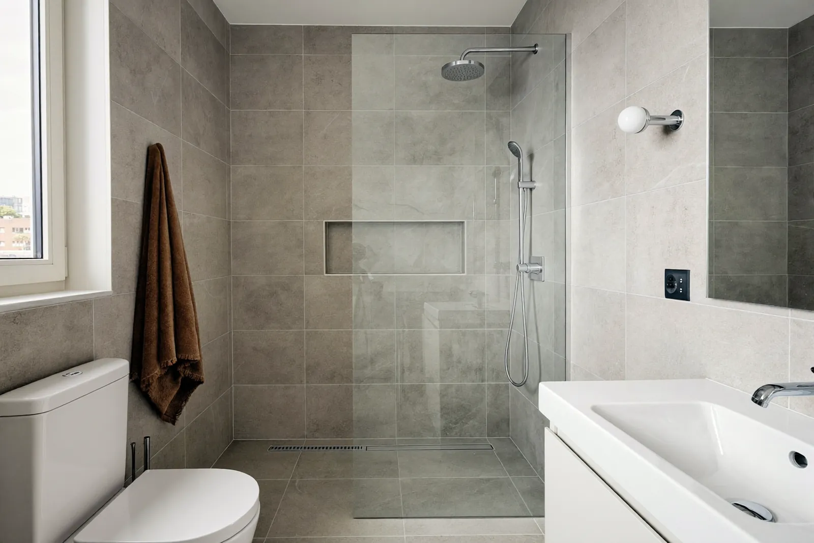 Modernes helles Bad mit bodengleicher Dusche und großformatigen Fliesen