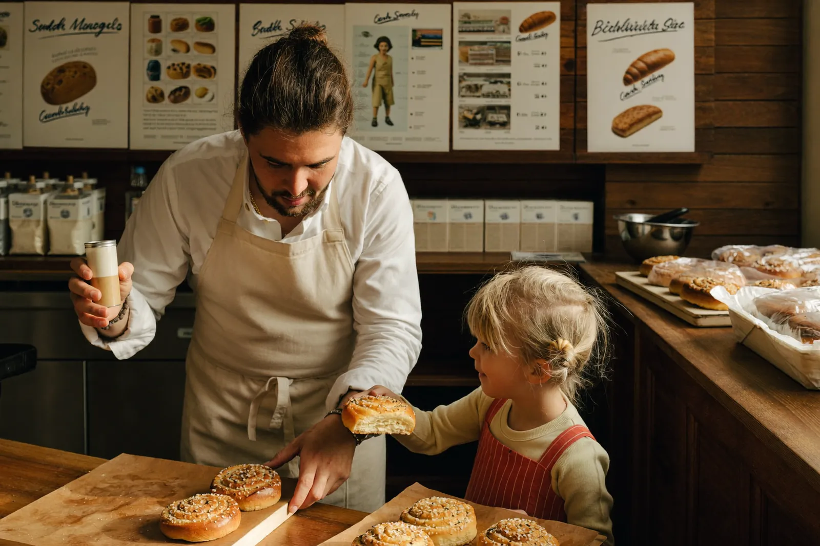 Mutter und Kind kaufen beim Bäcker um die Ecke Brötchen