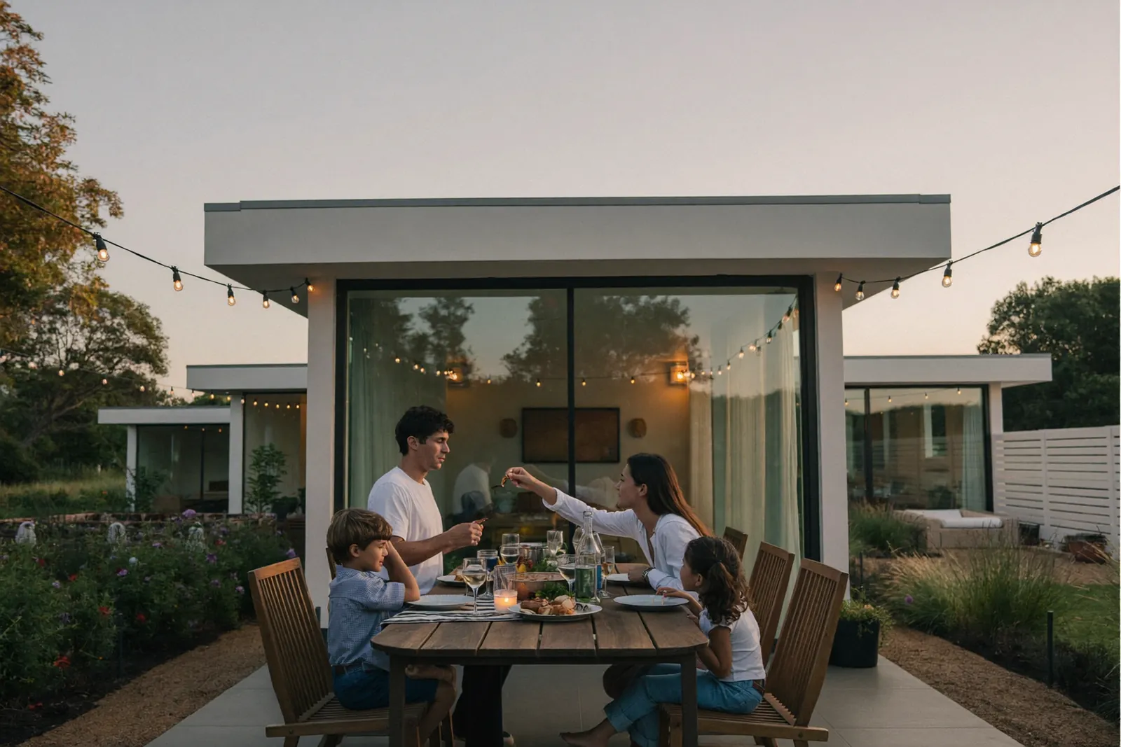 Familie mit zwei Kindern isst abends auf der Terrasse eines weißen Hauses mit Flachdach
