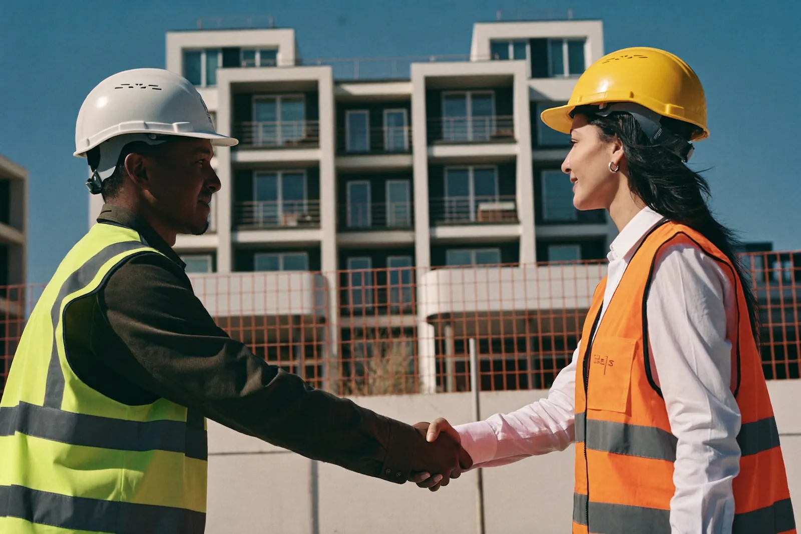 Handschlag zweier Personen mit Bauhelmen vor einer Baustelle