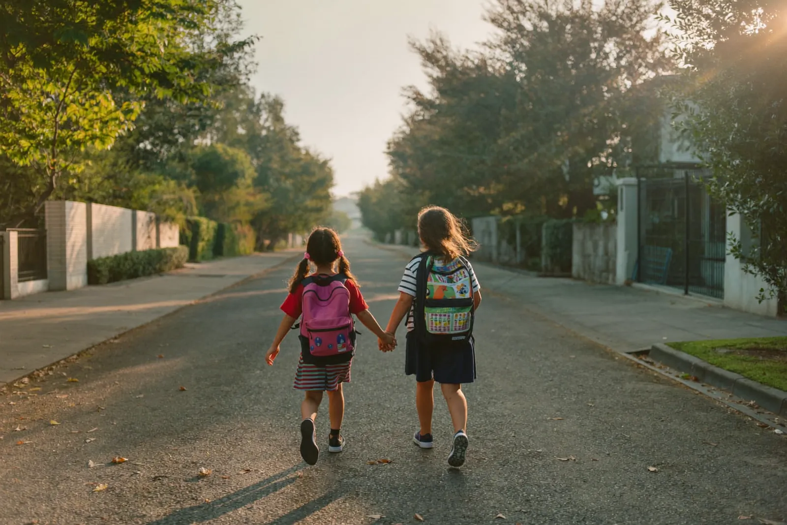 Zwei Grundschulkinder mit Ranzen gehen Hand in Hand über eine ruhige Wohnstraße