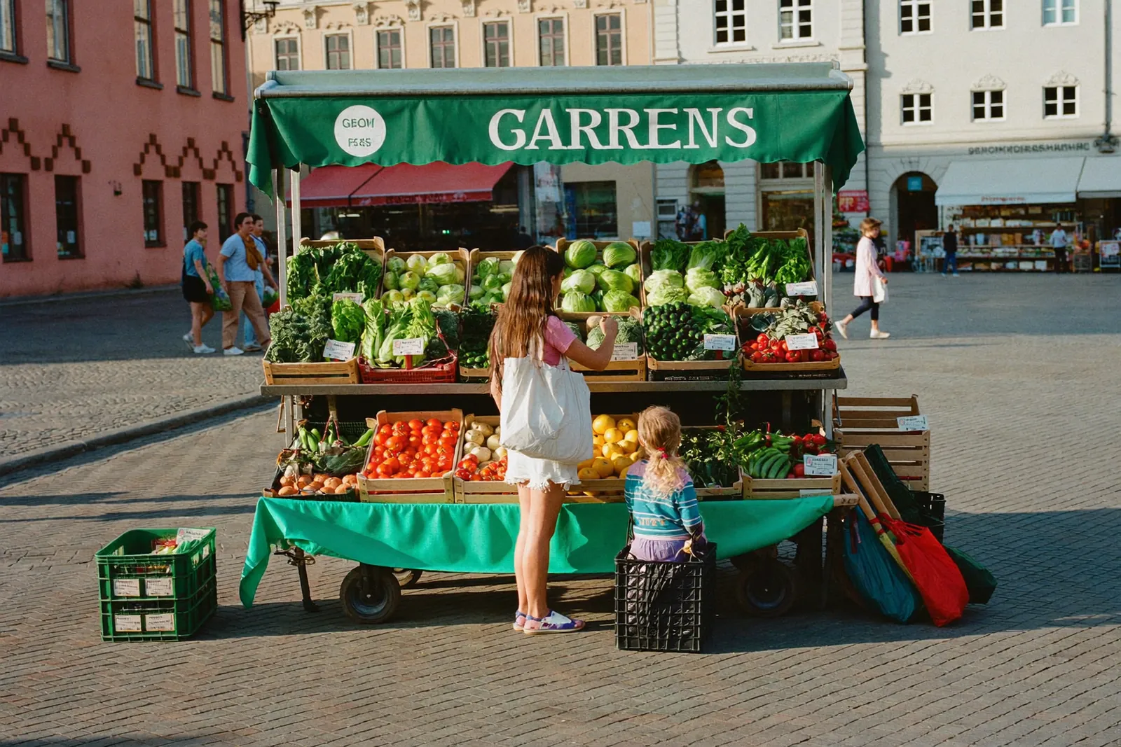 Familie kauft auf dem Wochenmarkt frisches Obst und Gemüse