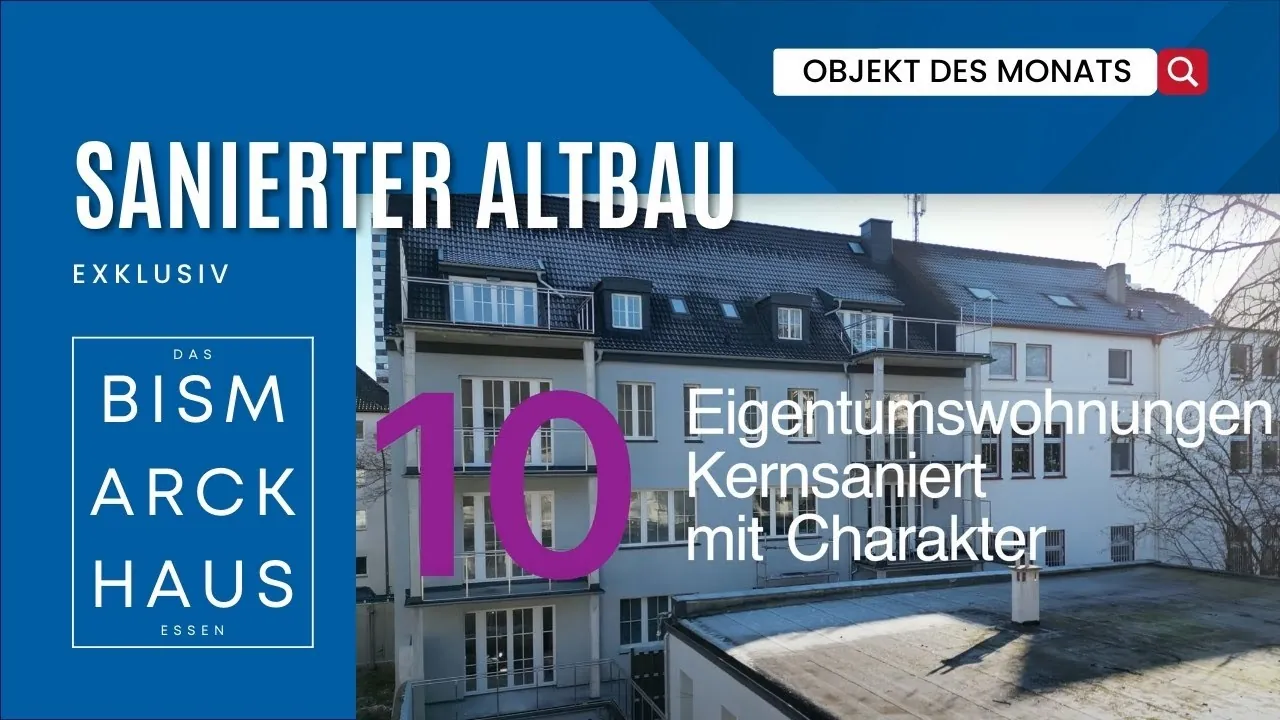 Das Bismarckhaus in Essen von außen: sanierter Altbau mit Balkonen und Gauben, daneben das Logo als Werbemotiv für das Drohnenvideo