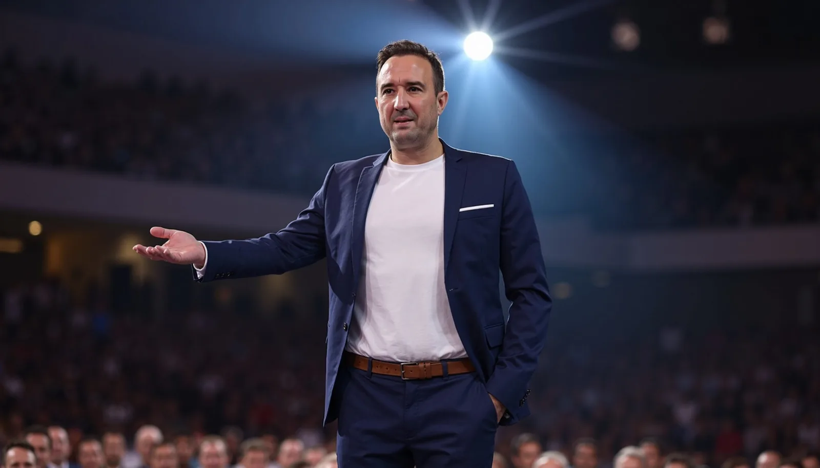 Christian Gottschling auf der Bühne vor großem Publikum bei einem Vortrag über Immobilien