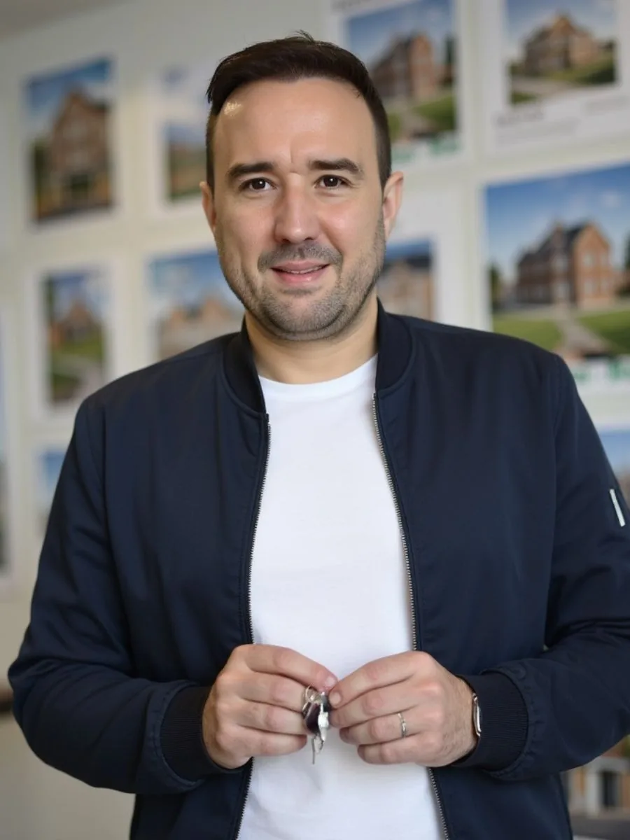 Christian Gottschling hält einen Hausschlüssel vor einer Wand mit Fotos verkaufter Häuser