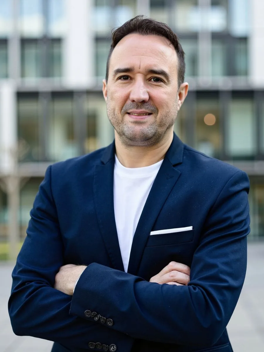 Christian Gottschling, Immobilienmakler aus Essen, mit verschränkten Armen vor einer Glasfassade