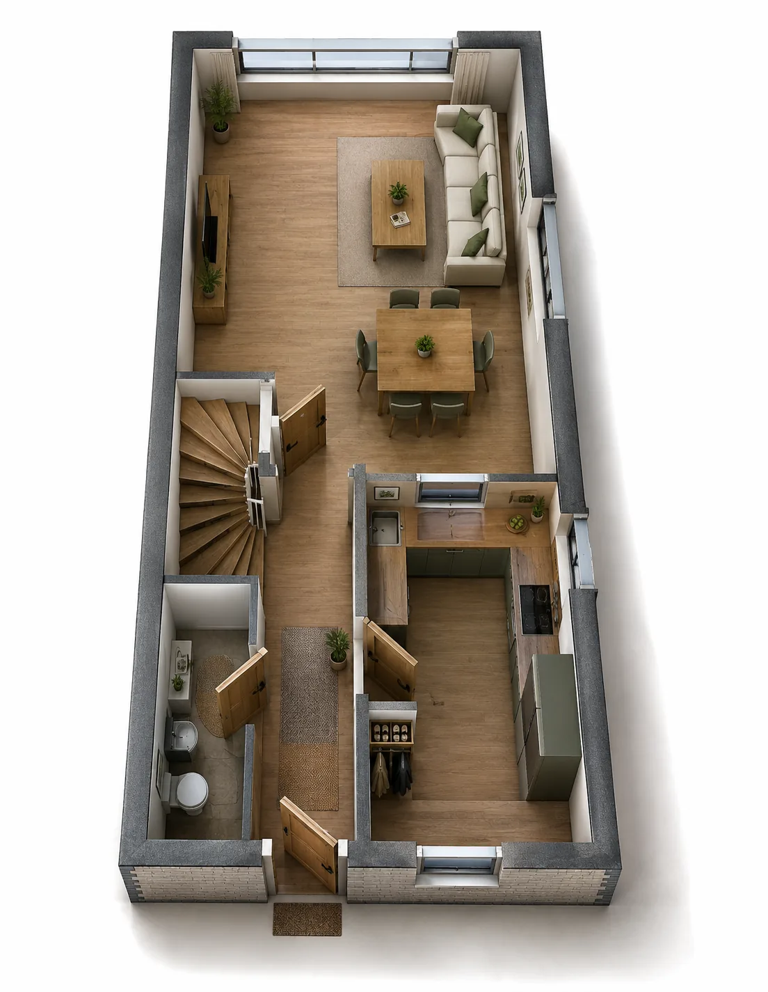 Grundriss Erdgeschoss Reihenhaus mit offenem Wohn- und Essbereich, großer Glasfront zum Garten, Küche, Garderobe und Gäste-WC