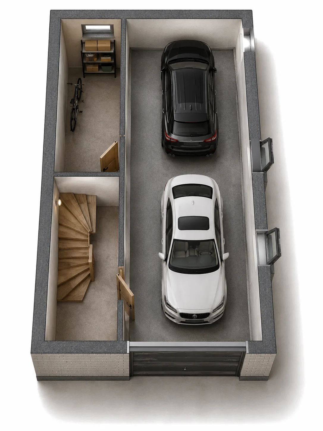 Grundriss Kellergeschoss Reihenhaus mit Tandem-Doppelgarage für zwei Autos hintereinander, Abstellraum und Treppe