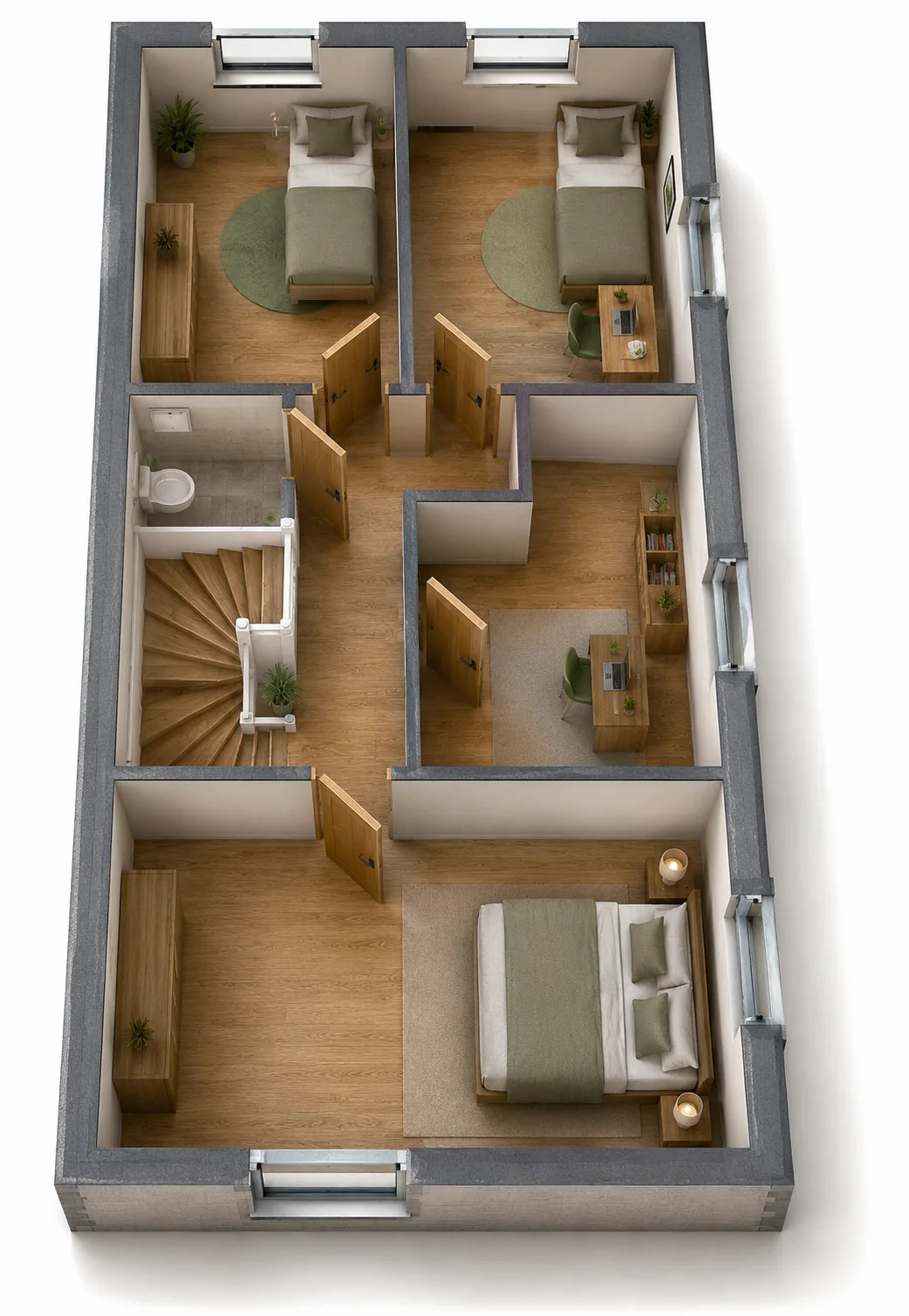 Grundriss Obergeschoss Reihenhaus mit Elternschlafzimmer, drei weiteren Zimmern und Bad